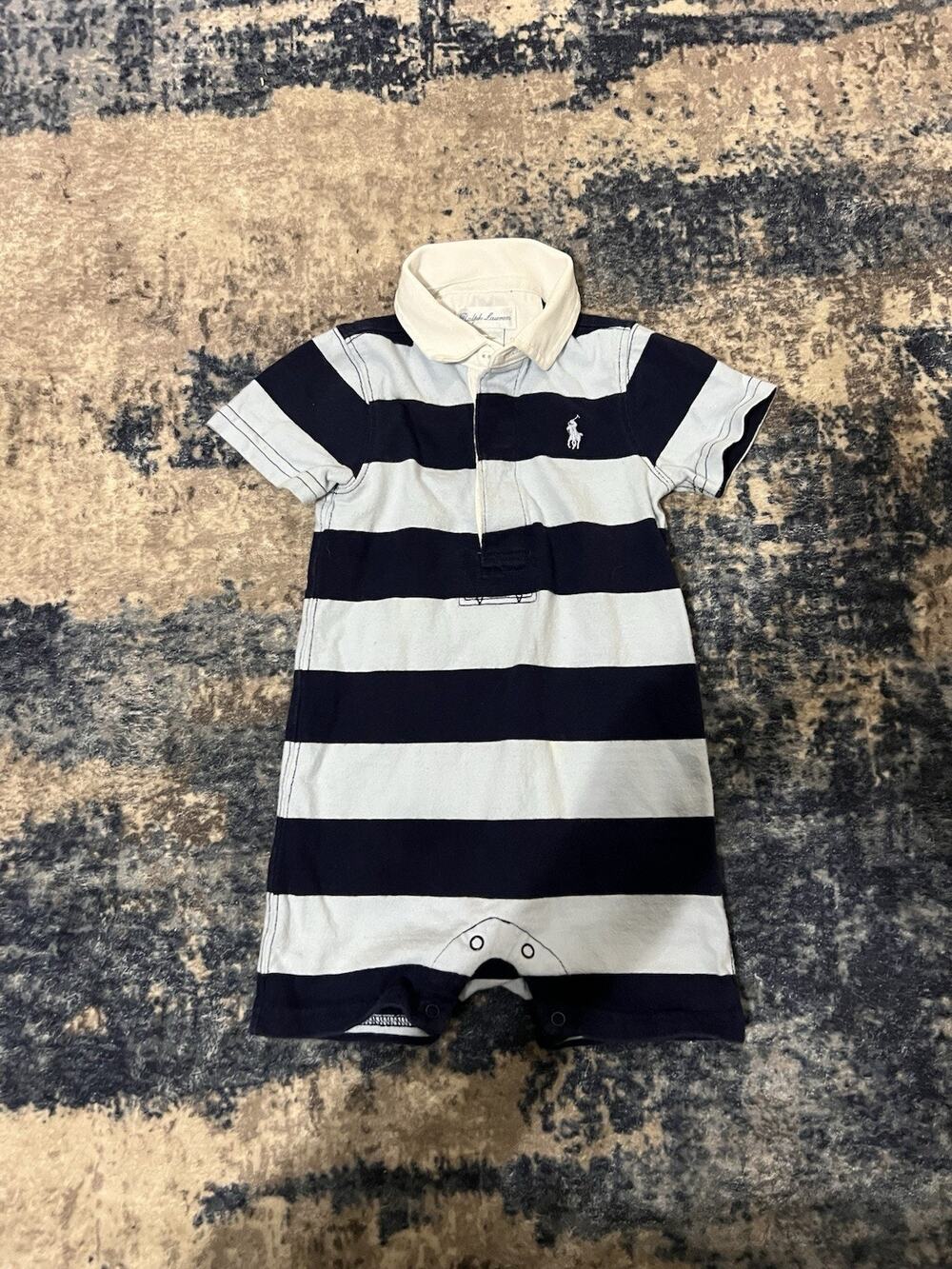Size 9-12months- Ralph Lauren Baby Blue Striped Collared Cotton Knit Romper